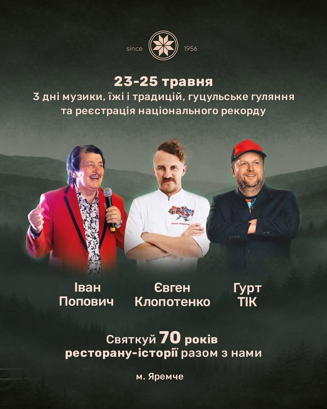 Ресторан у Яремче святкуватиме 70-річчя із Клопотенком, Поповичем та гуртом "ТІК"
